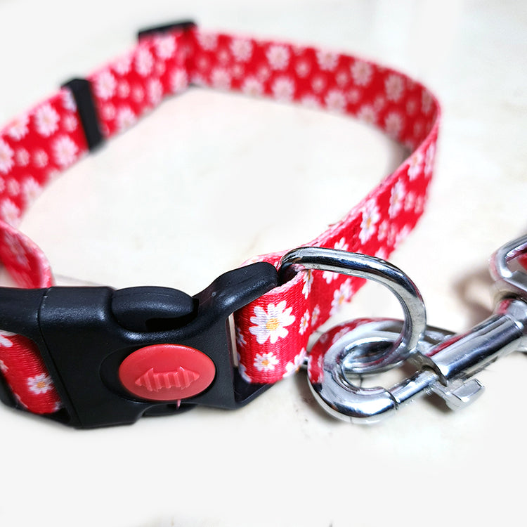 RED FLOWER Graphic Dog Collar and Leash Combo