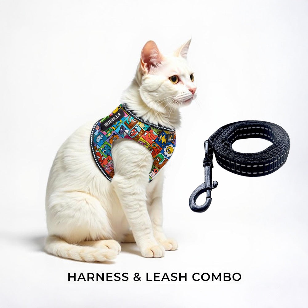 Personalized Cat Harness 2.0 - Comic Cubes (Leash COMBO)