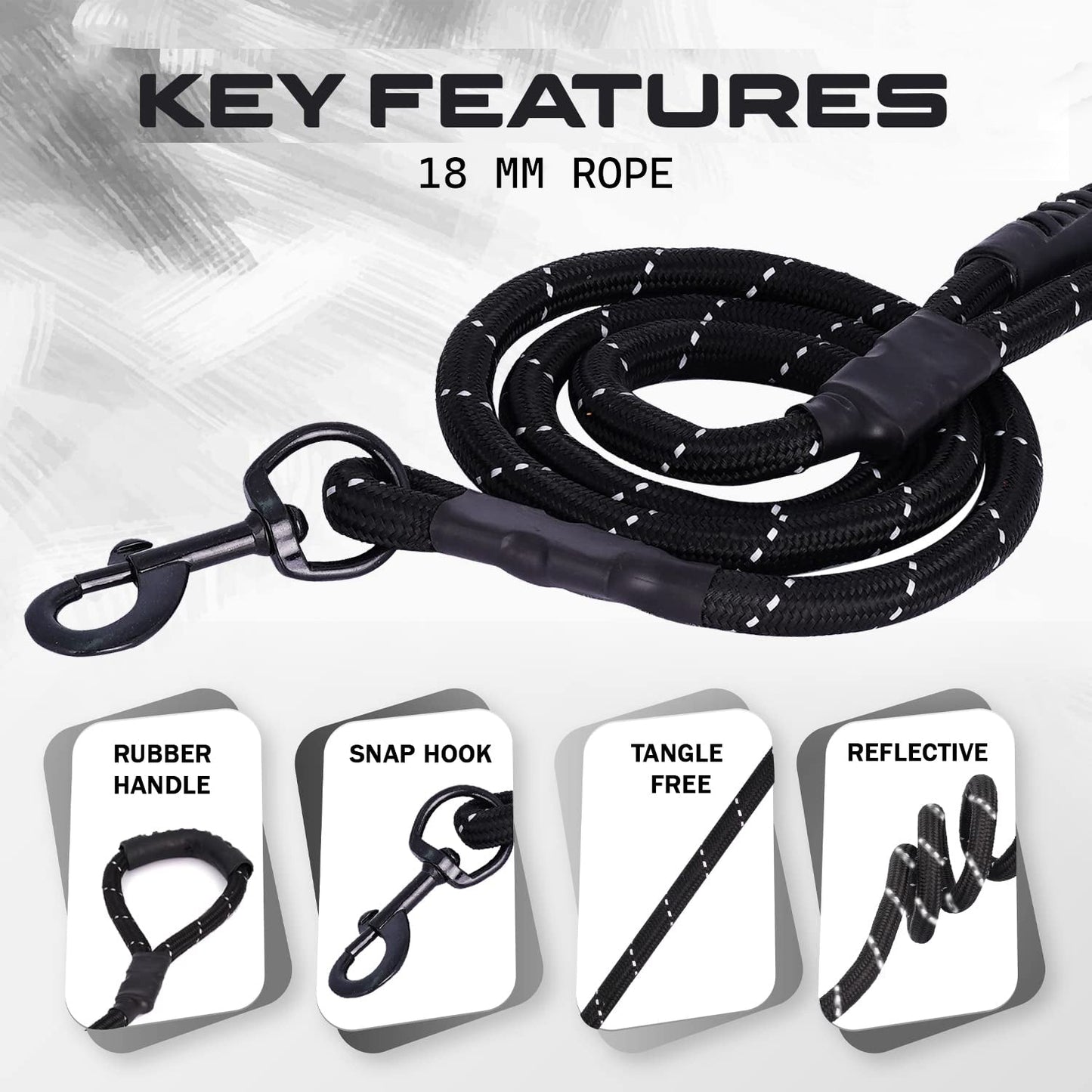 Strong Dog Rope 5 Feet - BLACK REFLECTIVE (18 MM) with Grip