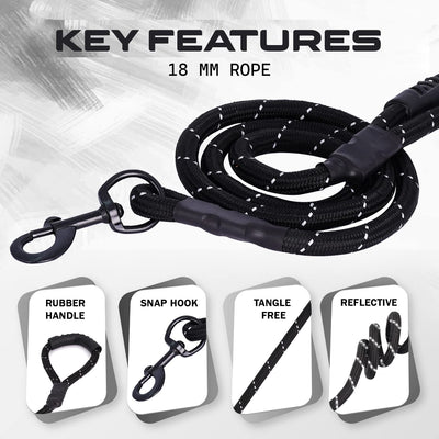 Strong Dog Rope 5 Feet - BLACK REFLECTIVE (18 MM) with Grip