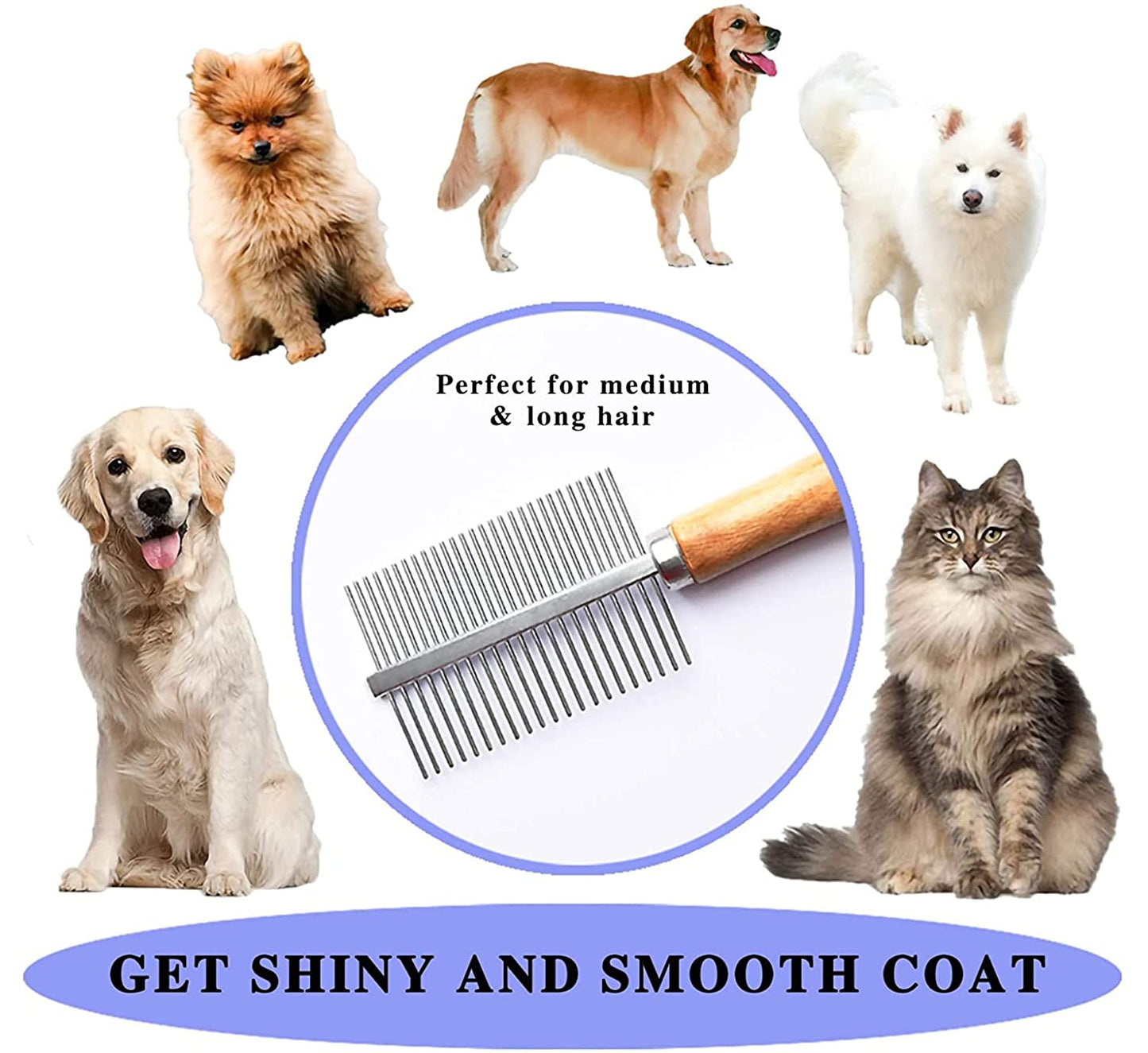 IndiHopShop Wooden Handle Steel Needles Dog Double-Sided Comb