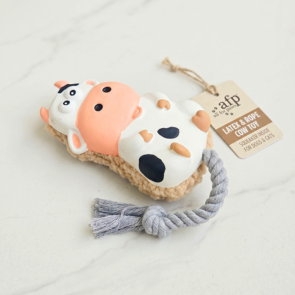 Toss A Cow Latex & Rope Squeaky Dog Toy