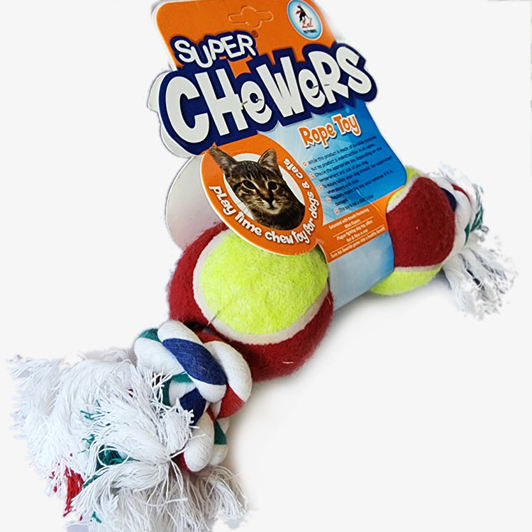 Double Tennis Ball Rope Dog Tug Toy