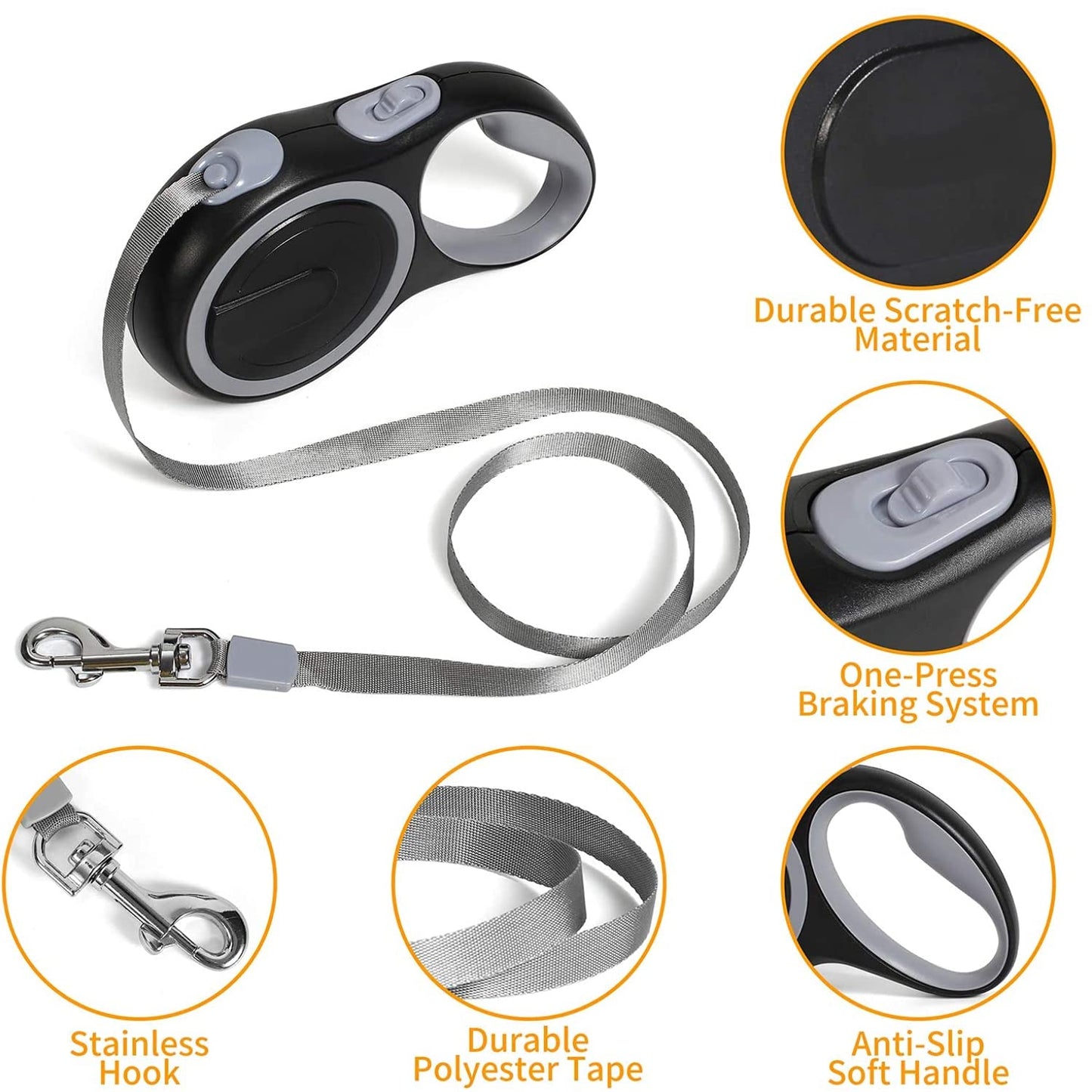 Retractable Dog Leash Pause and Lock with One Hand Brake System